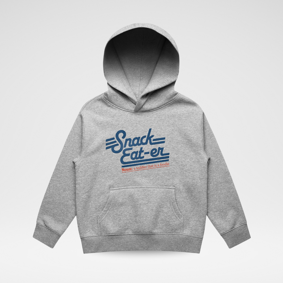 Gray hoodie with blue and red text on a white background