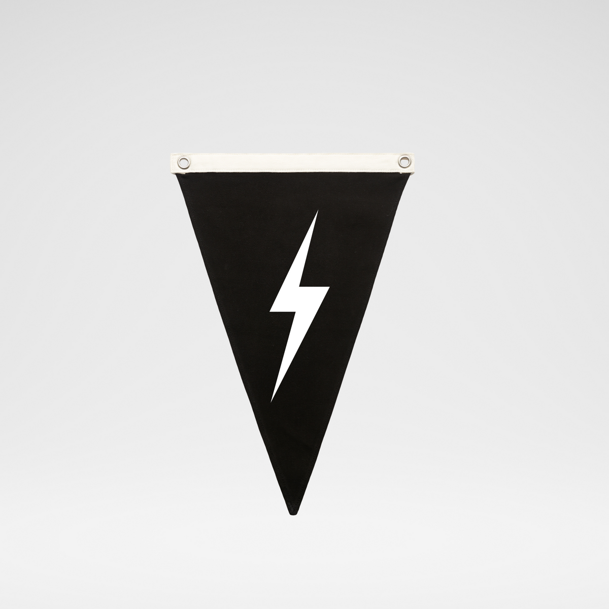 A black triangular pennant banner with a white lightning bolt graphic in the center, hanging against a light gray background.