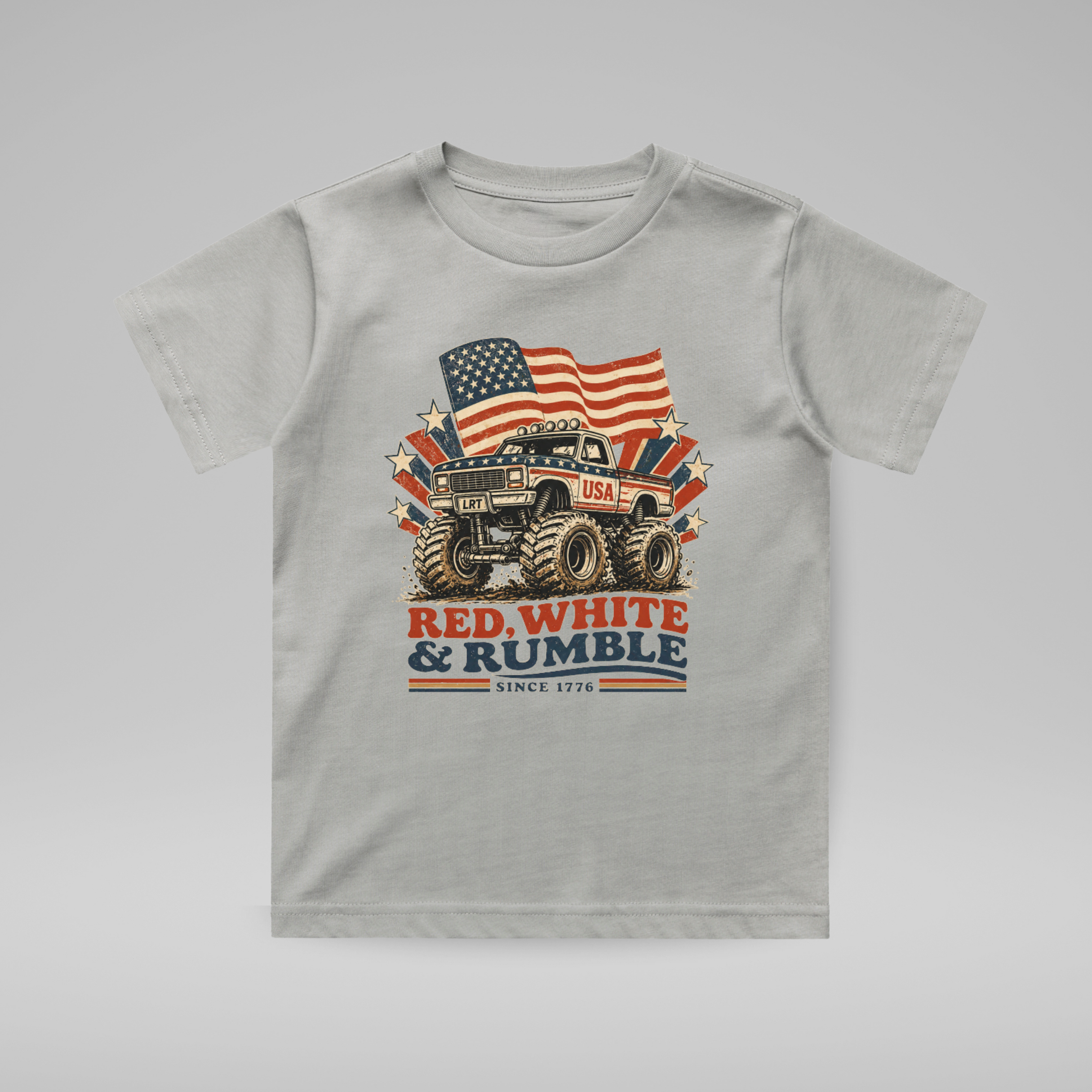 Gray t-shirt with a graphic of a monster truck and American flag on a gray background