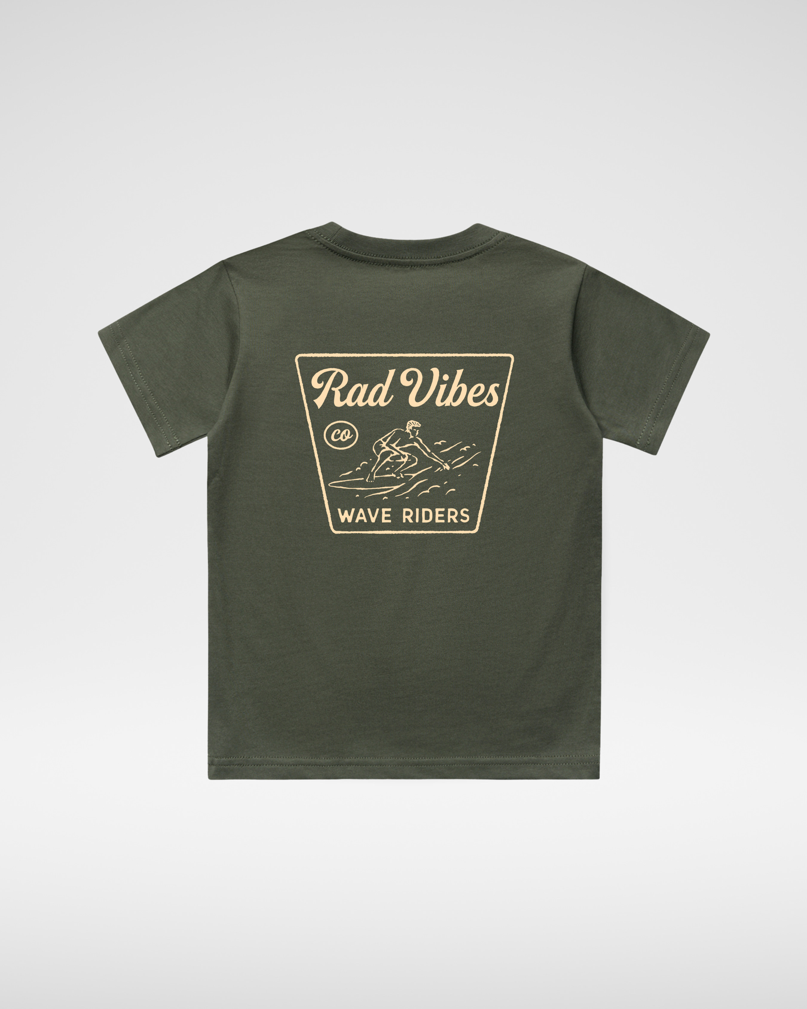 Green t-shirt with 'Rad Vibes Wave Riders' graphic on a white background