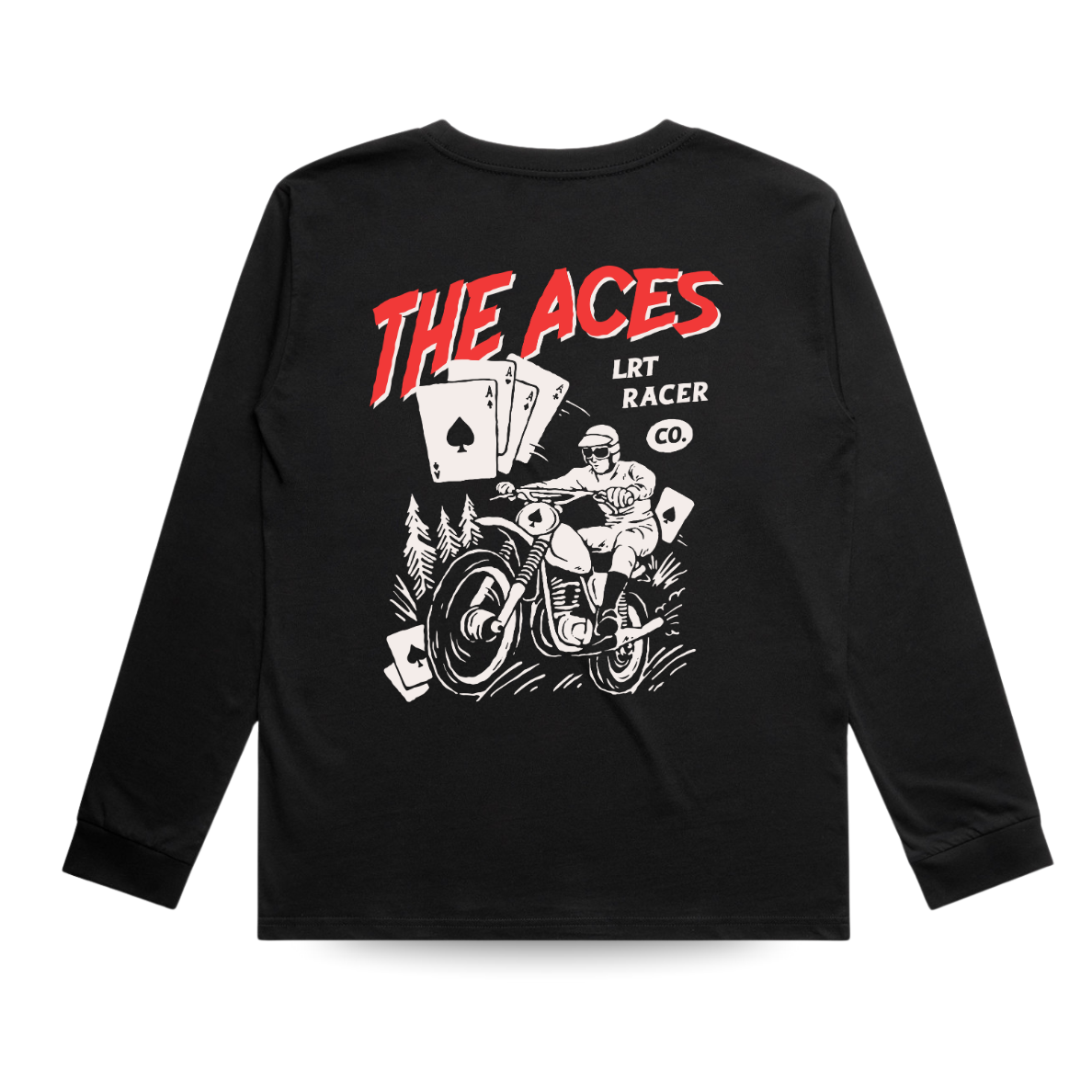 Black long-sleeve shirt with graphic design and text 'The Aces LRT Racer' on a white background