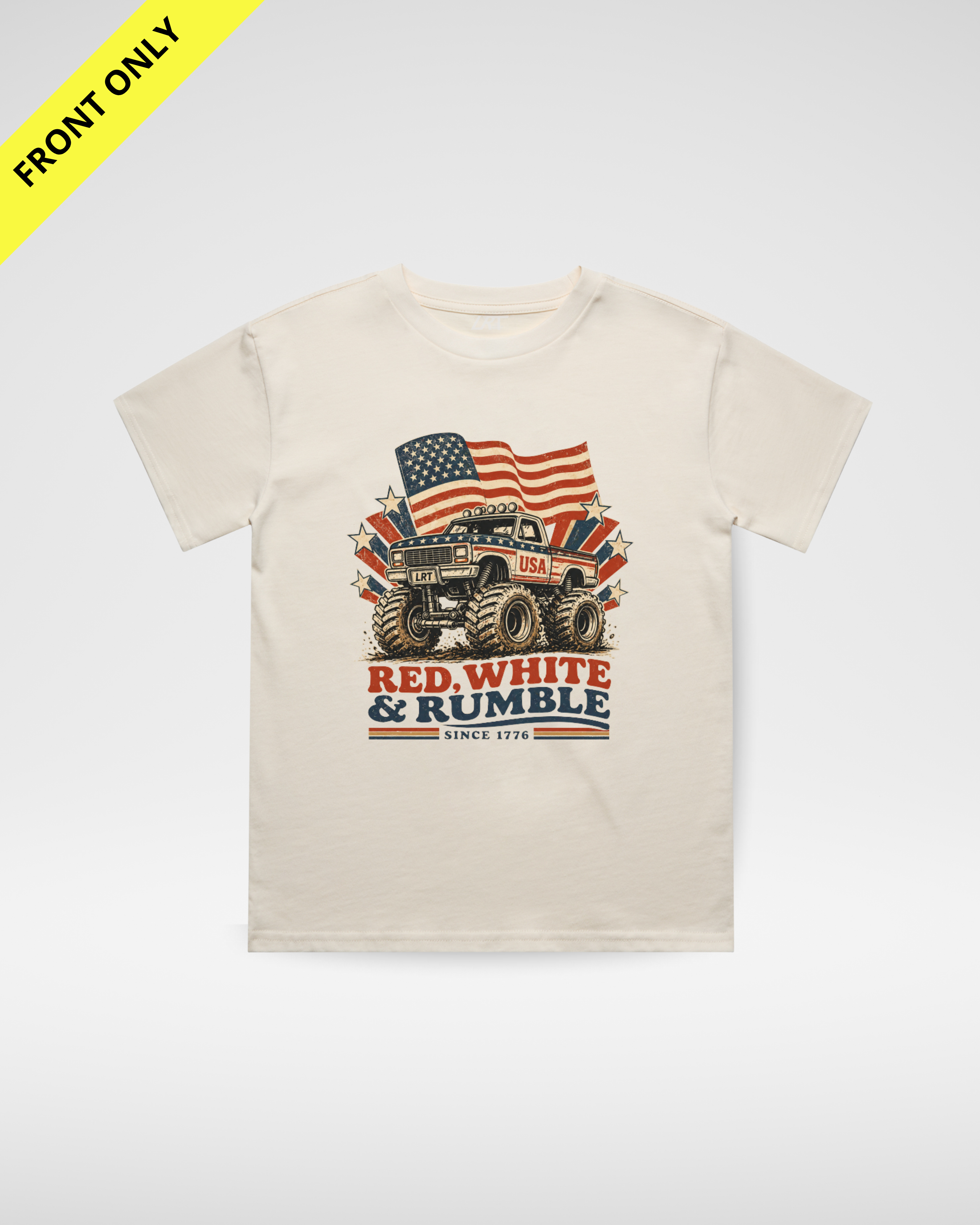 Beige t-shirt with a graphic of a monster truck and American flags on a white background