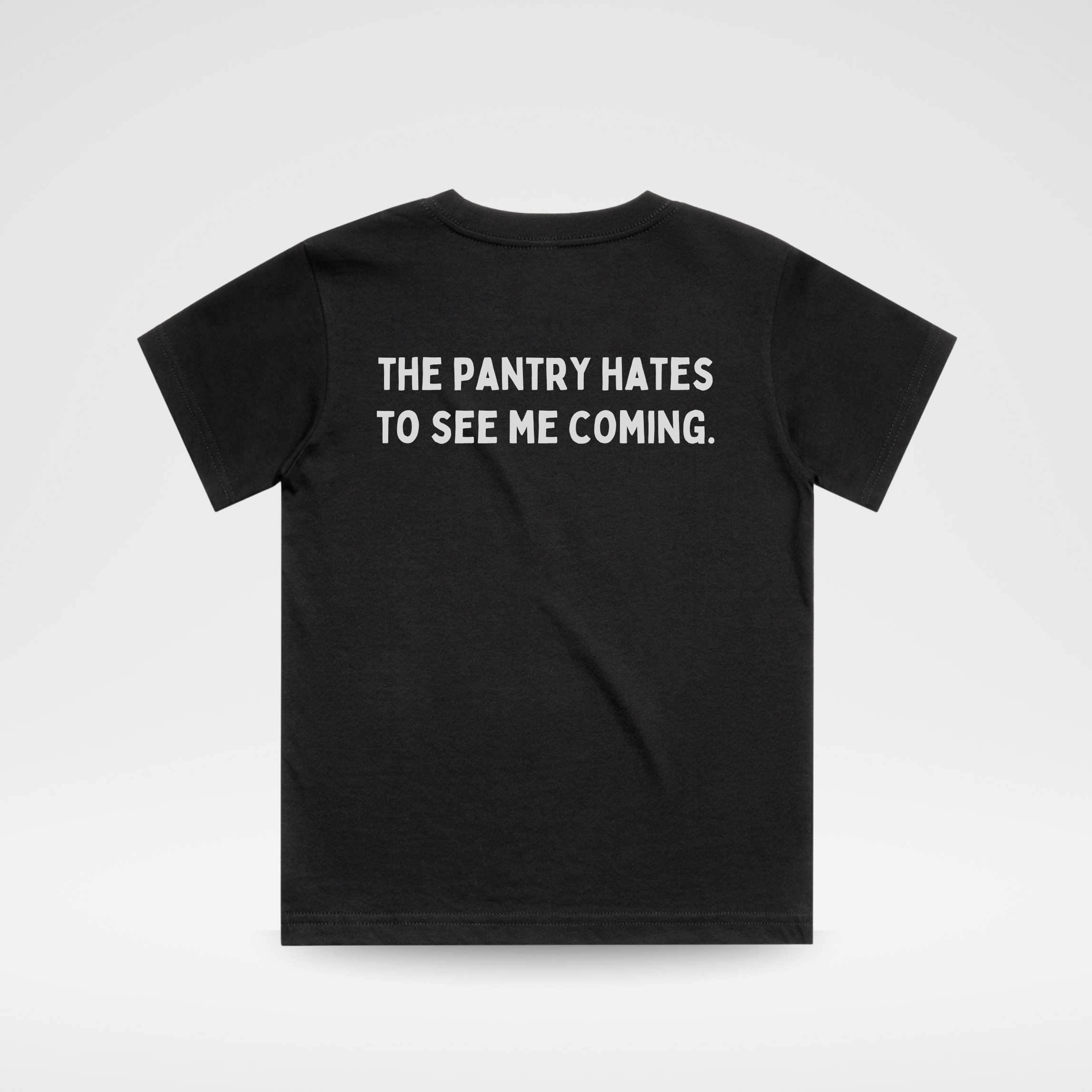 Black t-shirt with text on the back on a white background