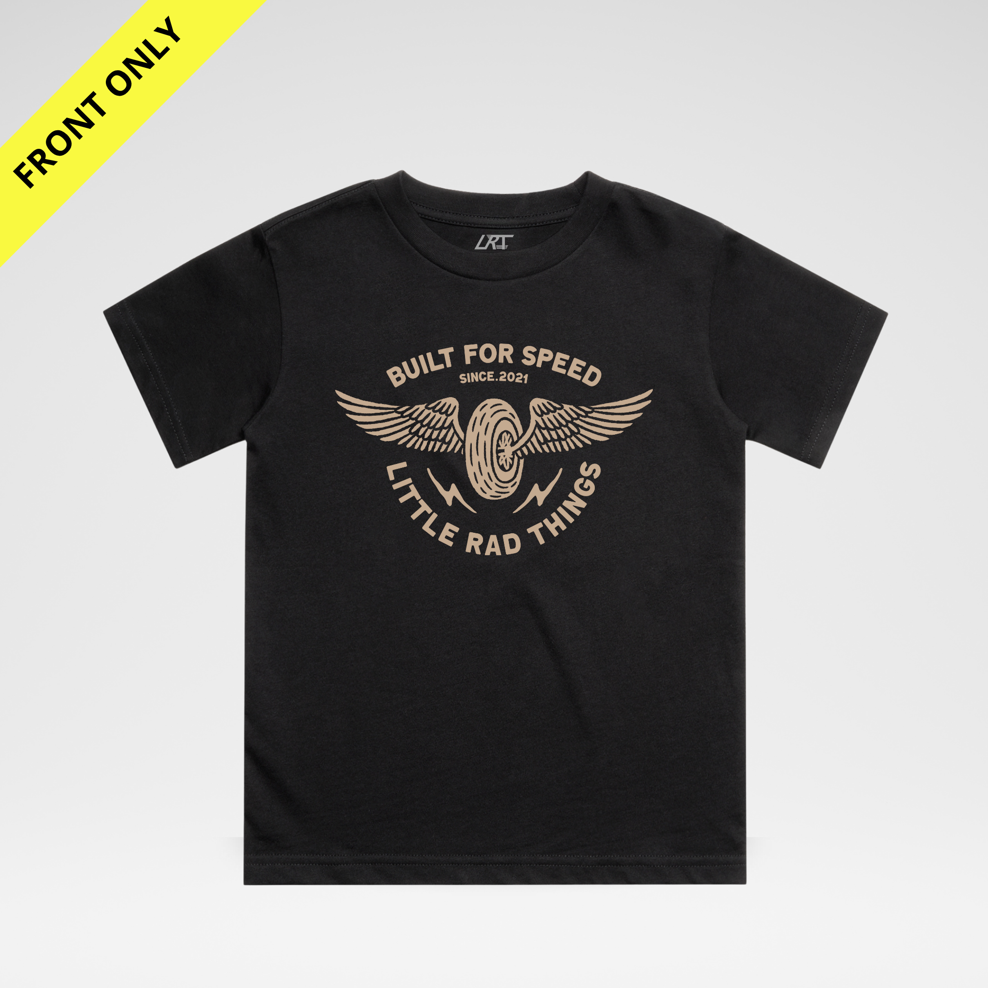 Black t-shirt with graphic design on a white background