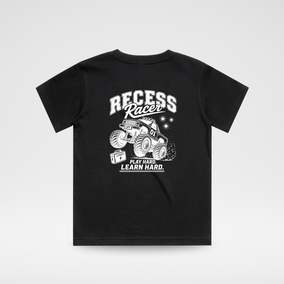 Black t-shirt with white graphic and text on a light gray background
