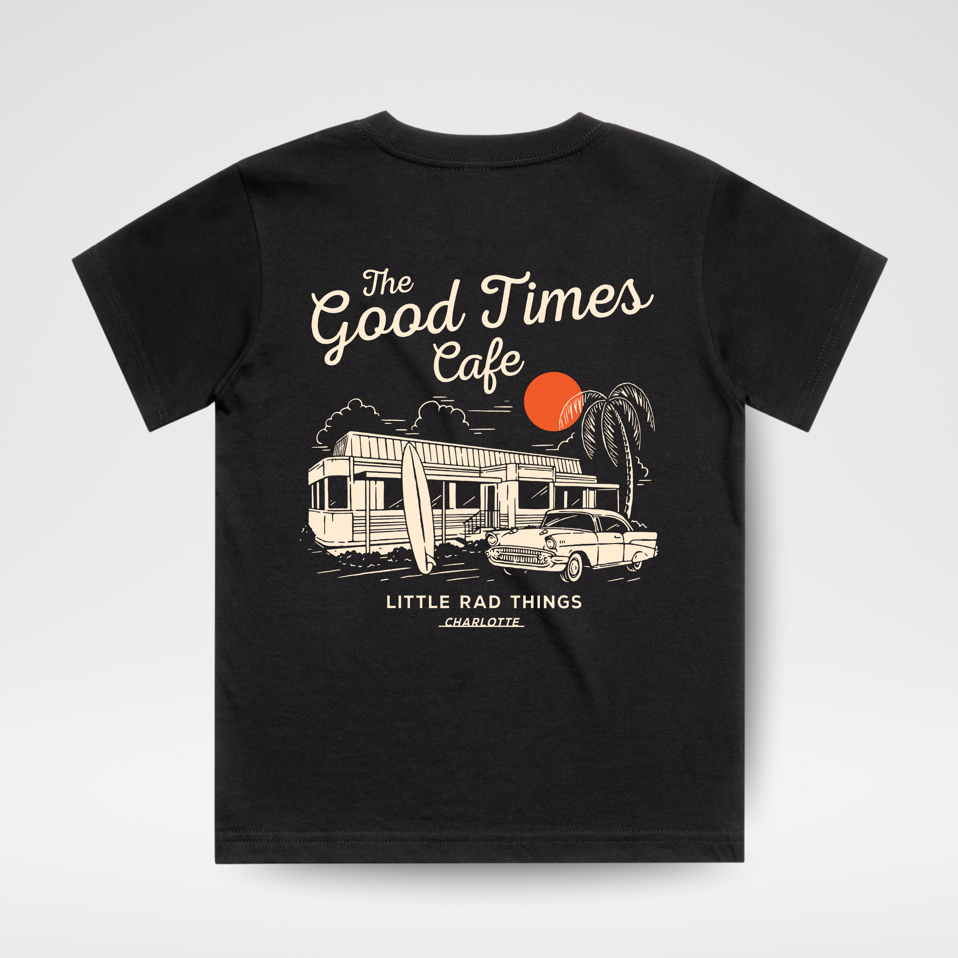 Black t-shirt with 'The Good Times Cafe' graphic design on a white background