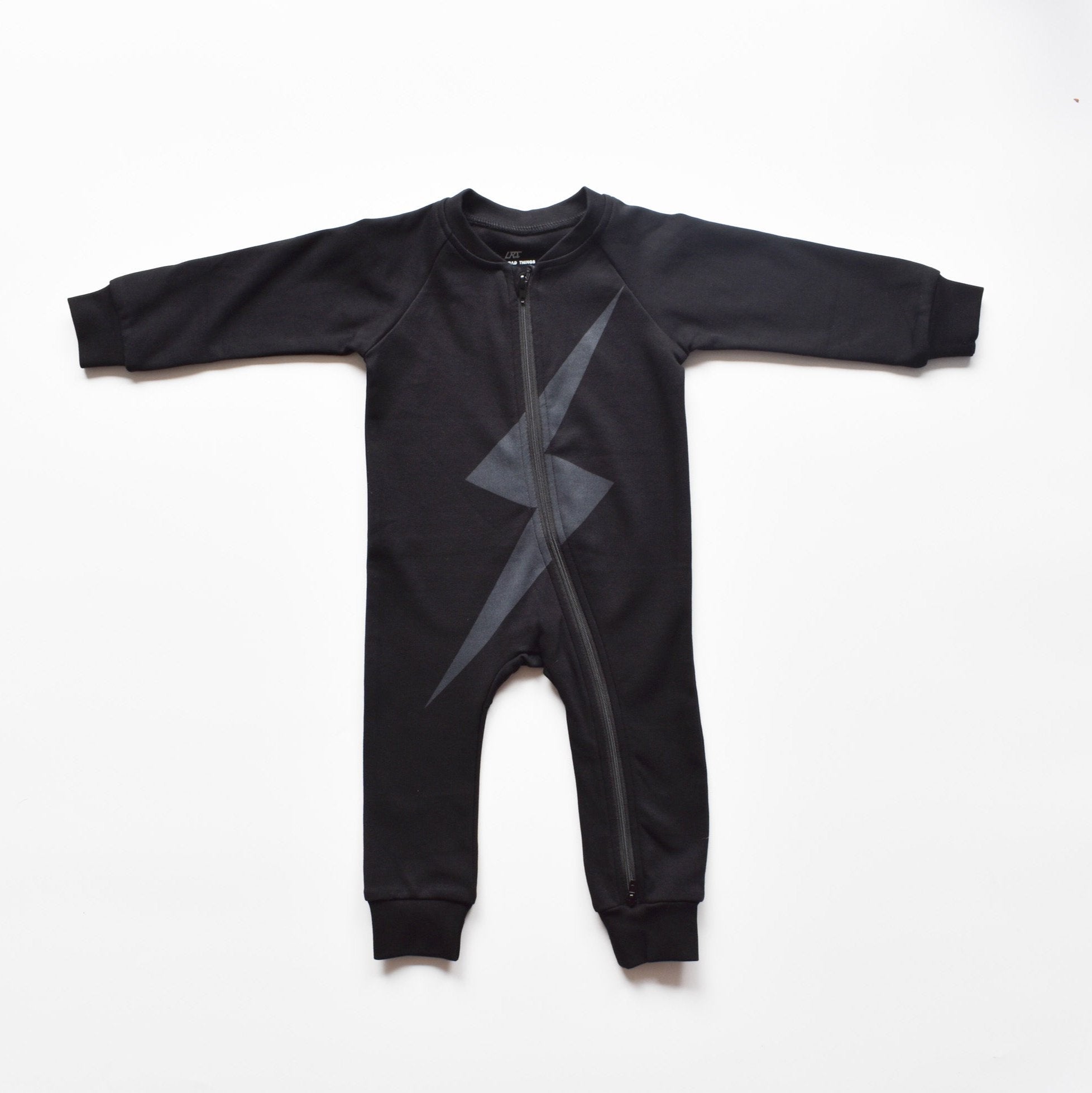 Cool infant toddler kids boys clothes retro inspired kids sleeper in black with grey lightening bolt little rad things