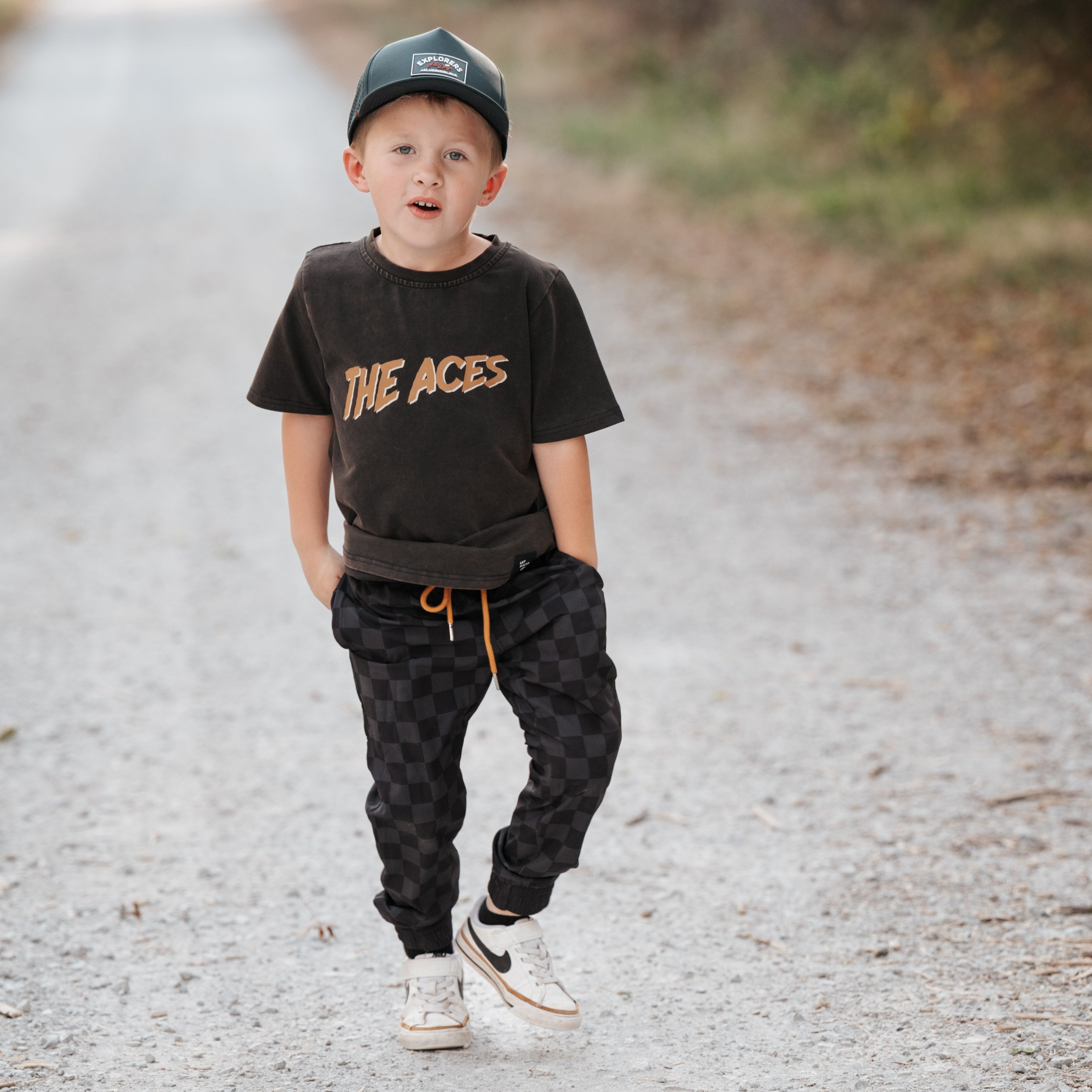 Vintage-inspired black checkered joggers boys, eco-friendly and durable