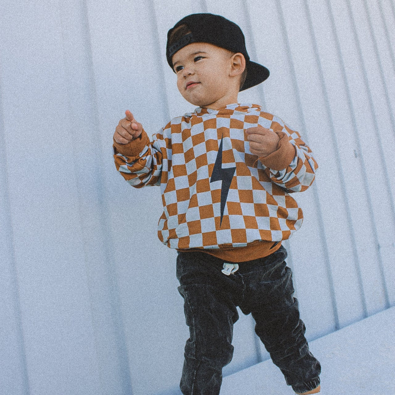 Vintage Inspired Kids Clothes, Little Rad Things, Checkered Spark Hoodie In Rust. Free US Shipping over 150.