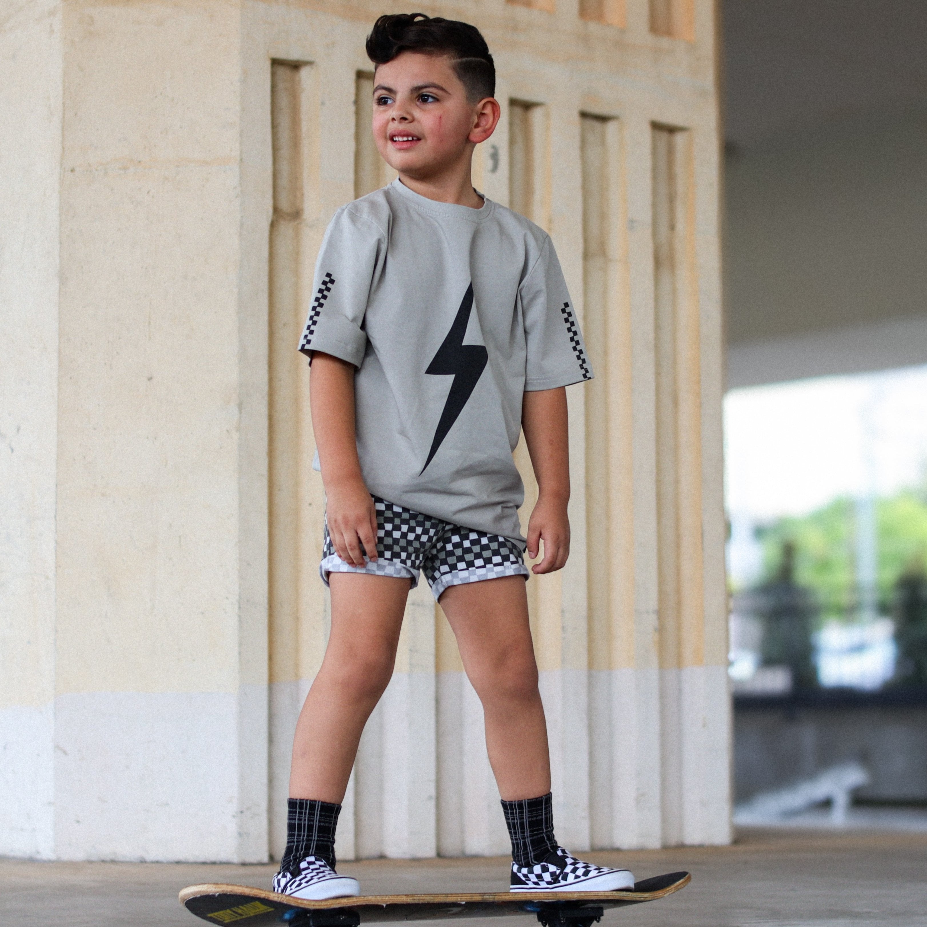 Limited Edition Spark short sleeve racer tee in vintage gray, eco-friendly and retro-inspired for boys