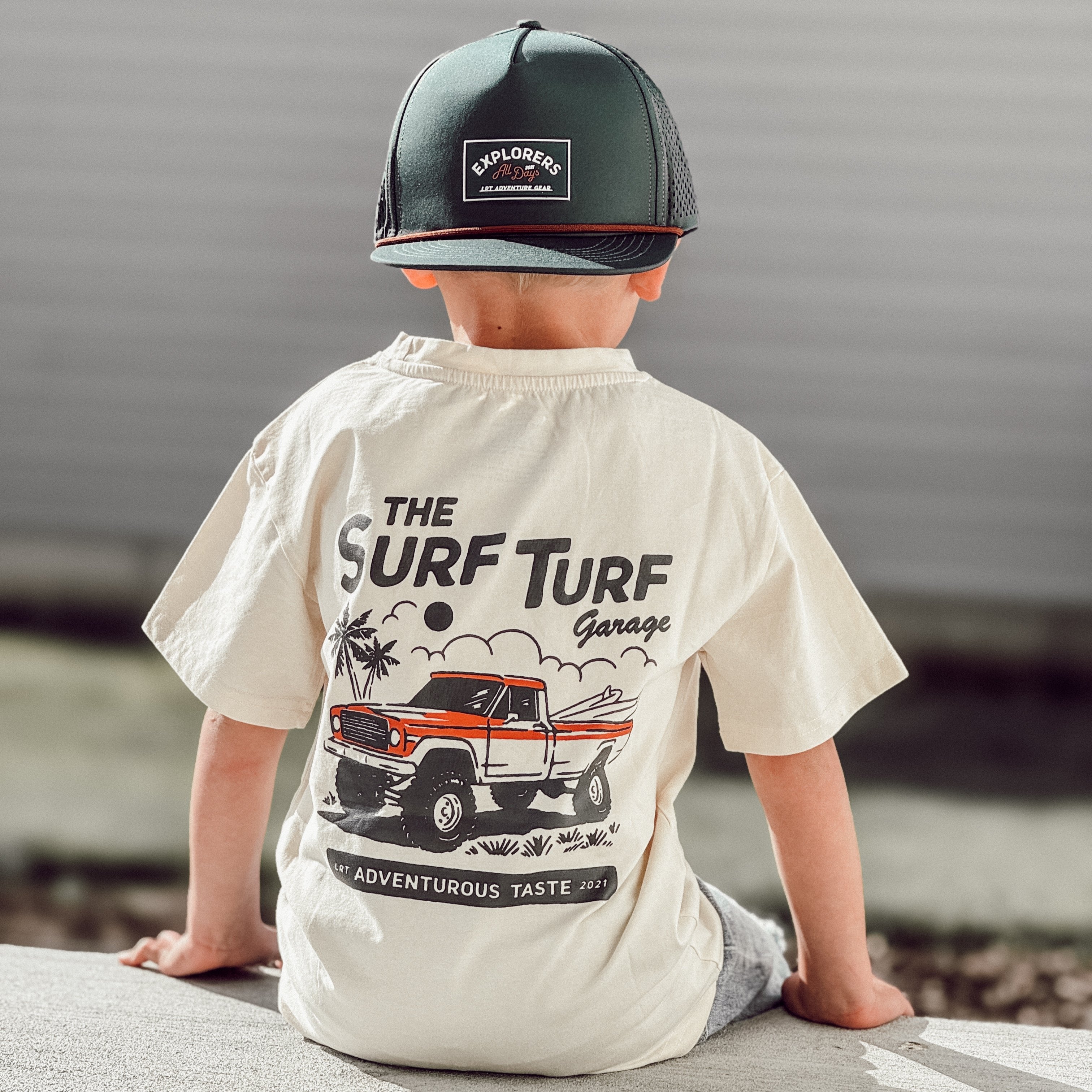 Vintage-inspired surf turf graphic tee for boys, eco-friendly and durable