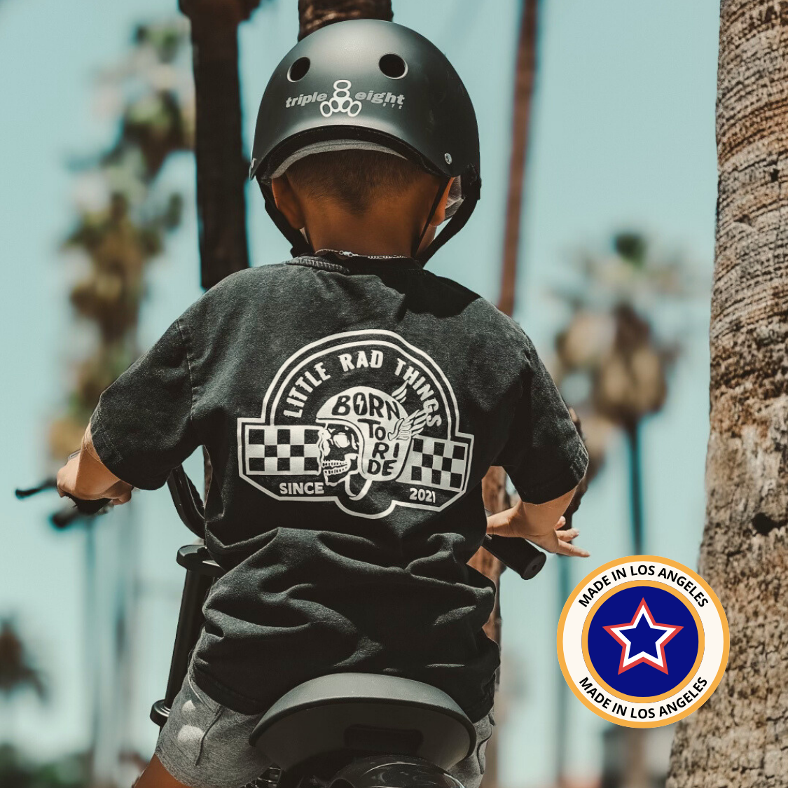 Little Rad Things toddler t-shirt featuring edgy 'Til Death Do We Ride' graphic, showcasing acid-wash texture and rebellious kid's fashion