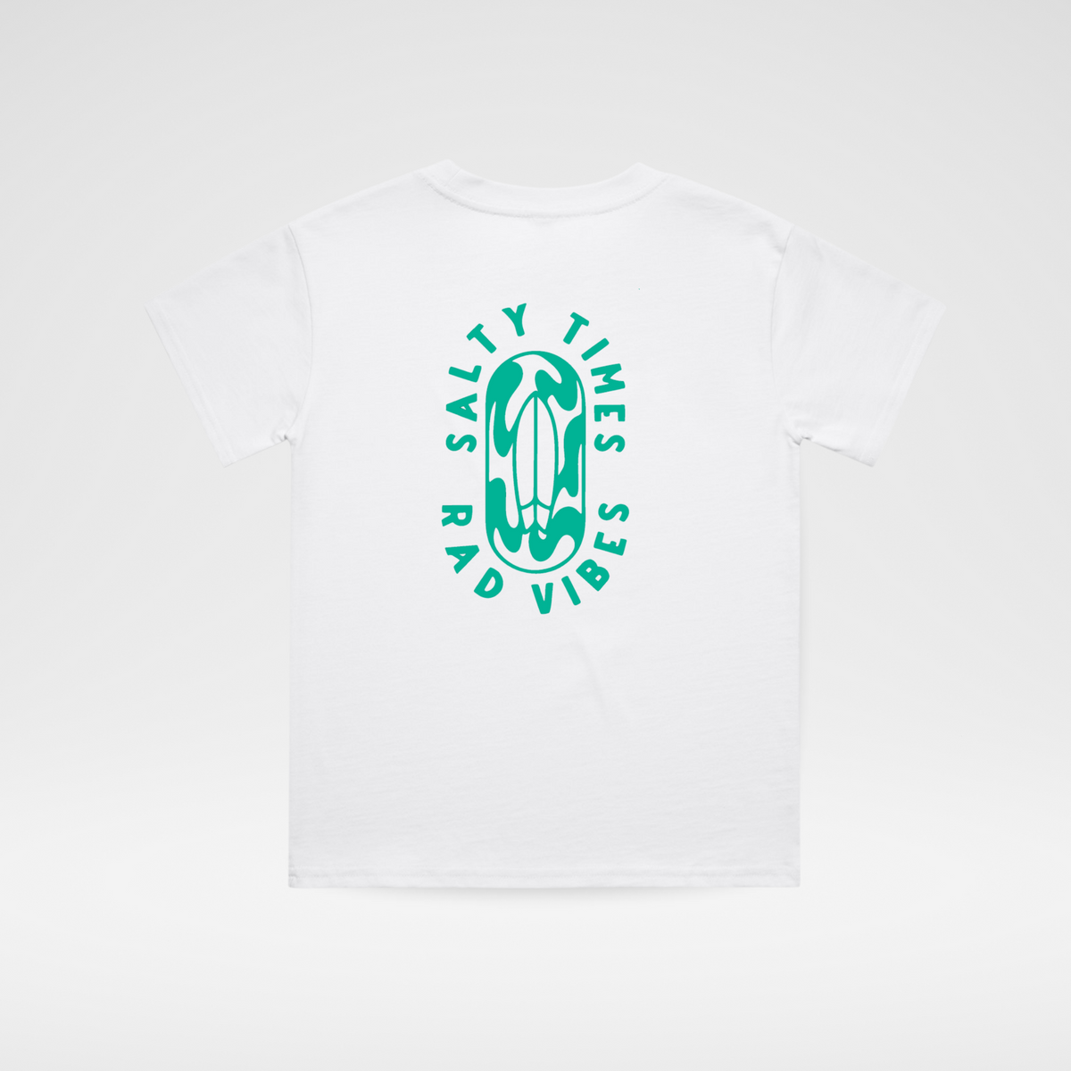 White t-shirt with teal logo on a white background