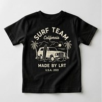 Black t-shirt with 'Surf Team California' graphic design on a white background
