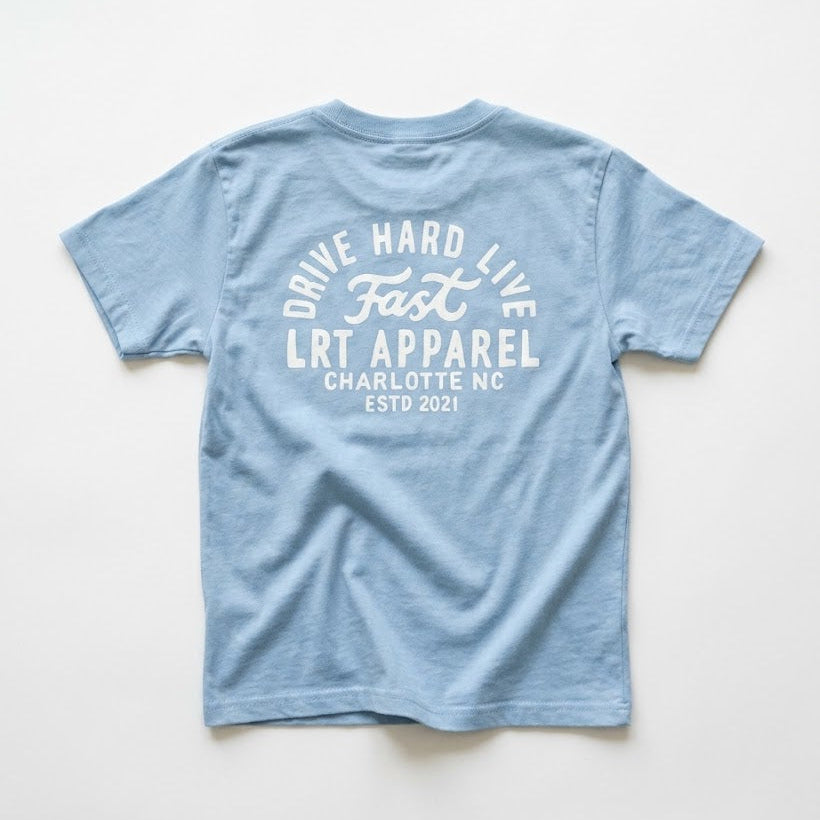 Light blue t-shirt with white text on a white background
