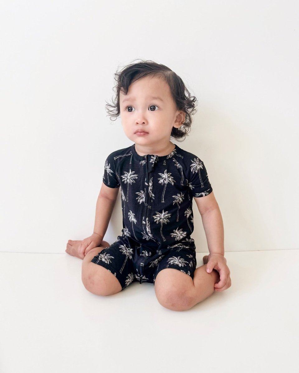 Bamboo Shorty Romper | Palm Style Black - LITTLE RAD THINGS