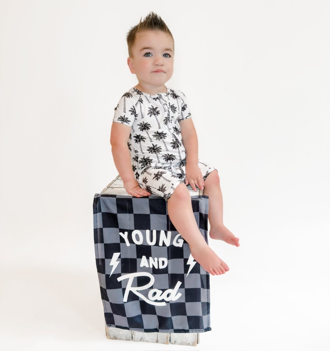 Bamboo Shorty Romper | Palm Style White - LITTLE RAD THINGS