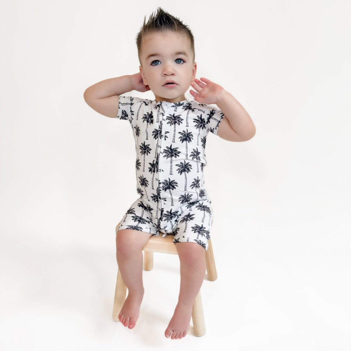 Bamboo Shorty Romper | Palm Style White - LITTLE RAD THINGS