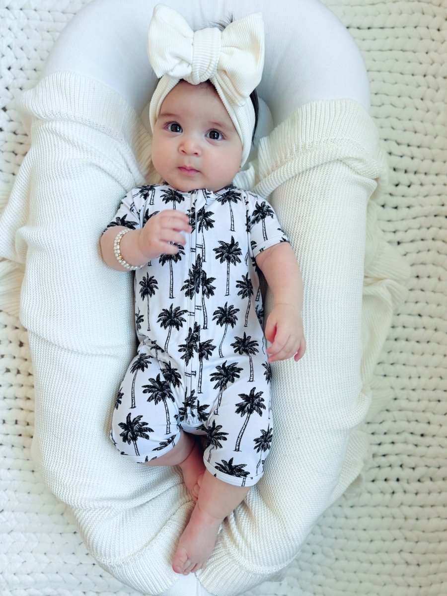 Bamboo Shorty Romper | Palm Style White - LITTLE RAD THINGS