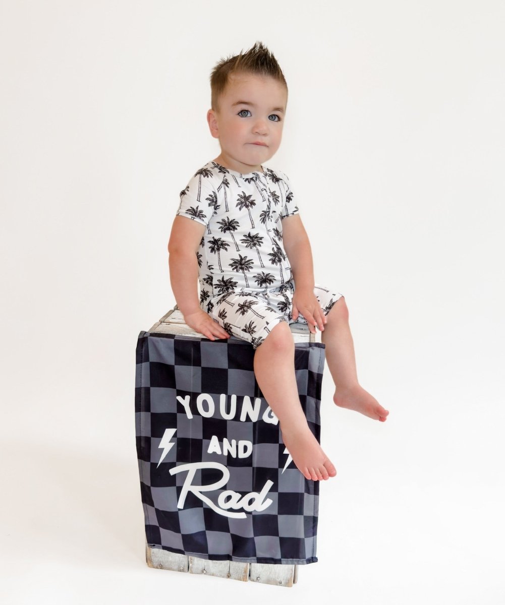 Bamboo Shorty Romper | Palm Style White - LITTLE RAD THINGS