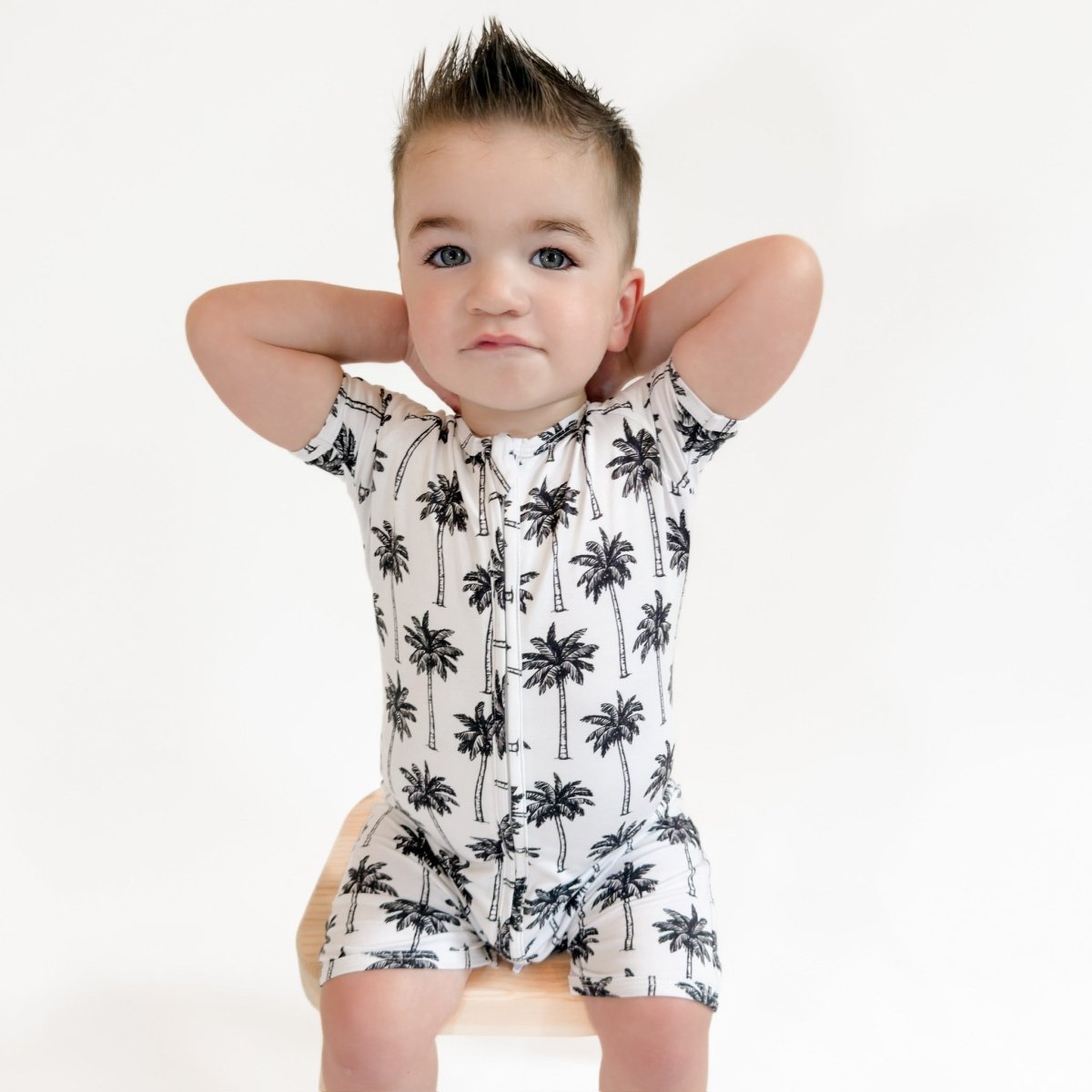 Bamboo Shorty Romper | Palm Style White - LITTLE RAD THINGS