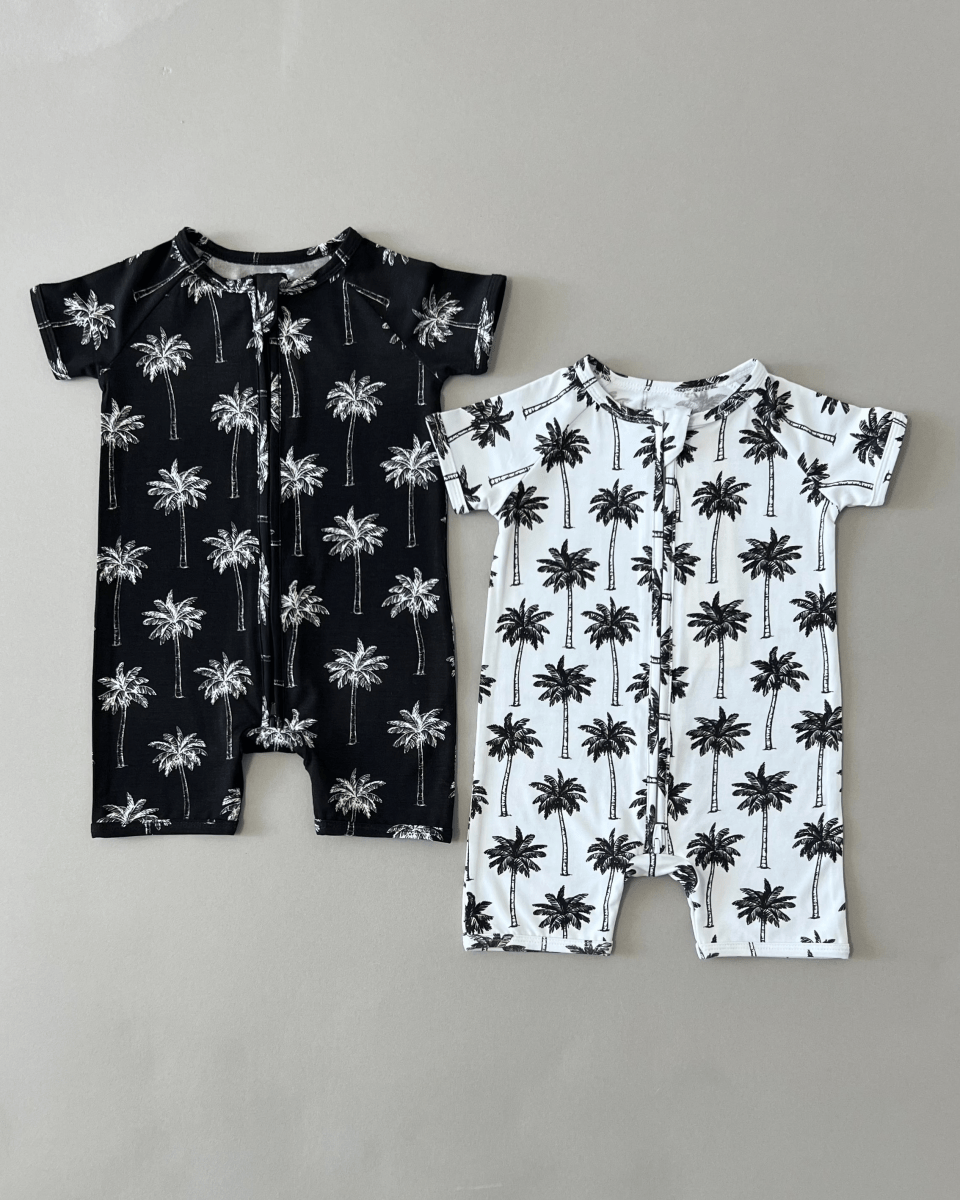 Bamboo Shorty Romper | Palm Style White - LITTLE RAD THINGS