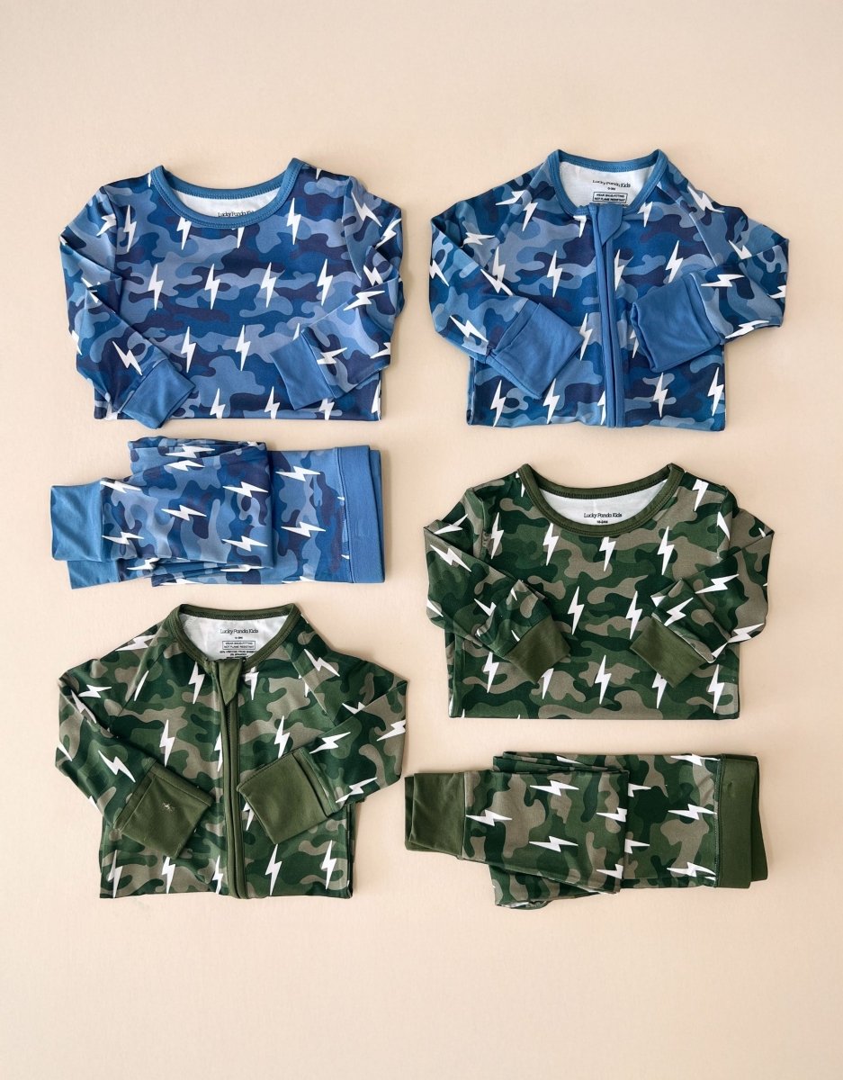 Bamboo Two Piece Set | Blue Camo Bolts - LITTLE RAD THINGS