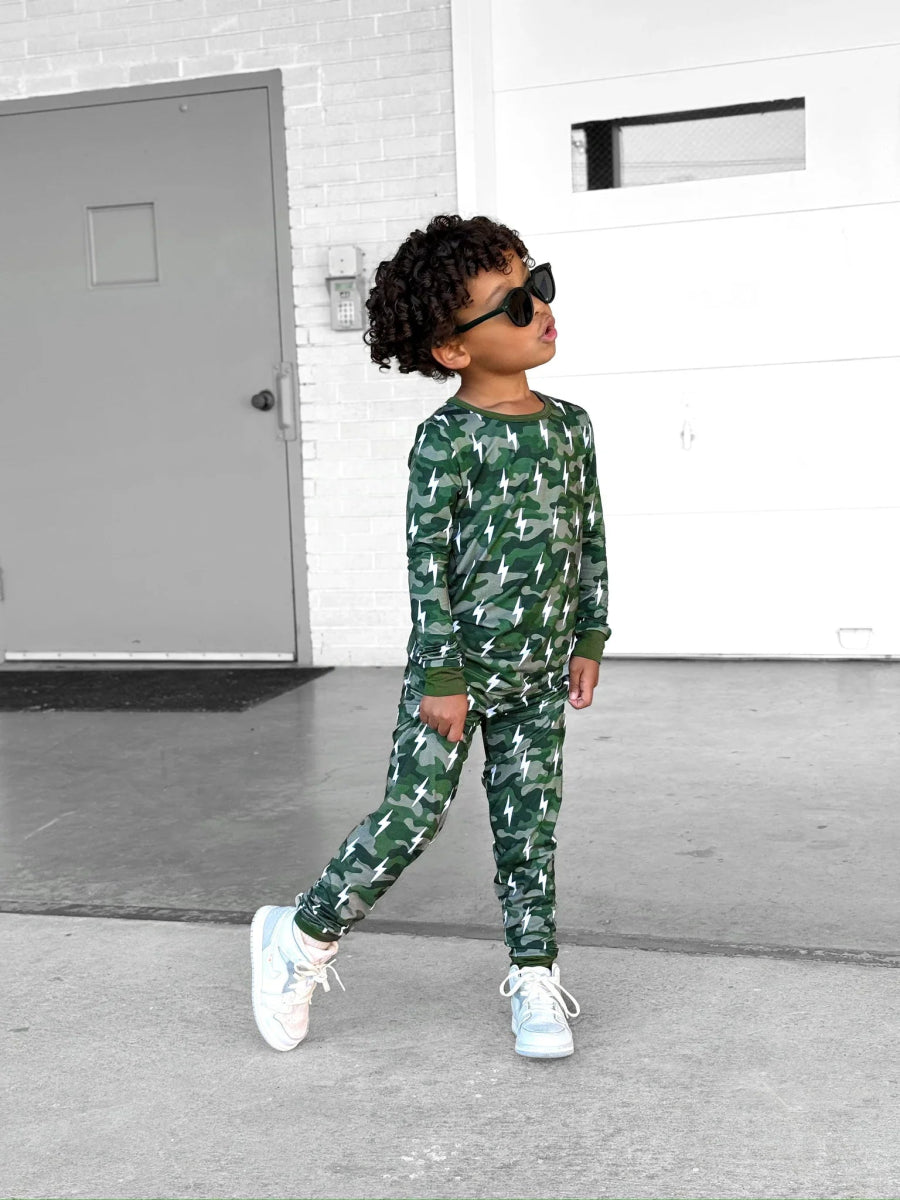 Bamboo Two Piece Set | Green Camo Bolts - LITTLE RAD THINGS