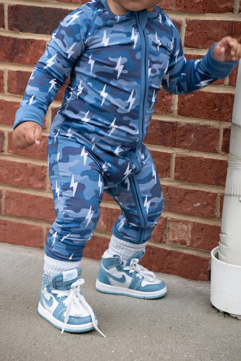 Bamboo Zip Romper | Blue Camo Bolts - LITTLE RAD THINGS