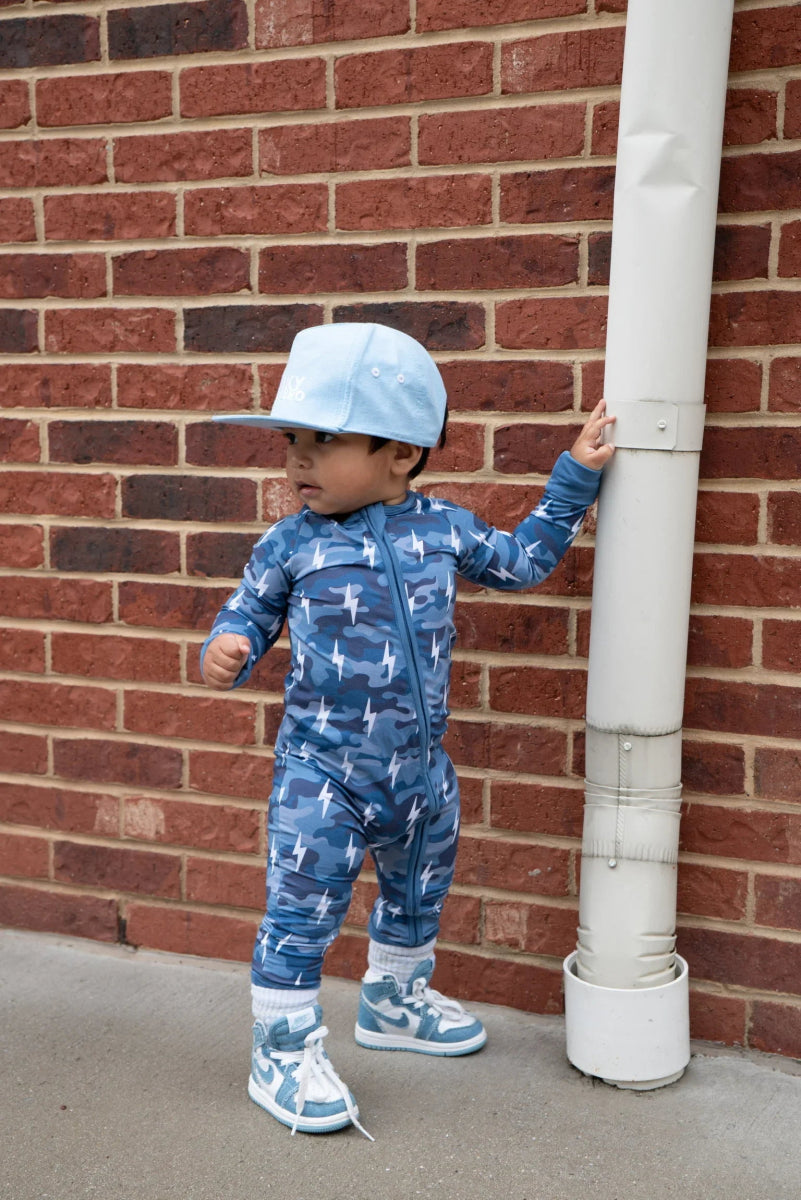 Bamboo Zip Romper | Blue Camo Bolts - LITTLE RAD THINGS