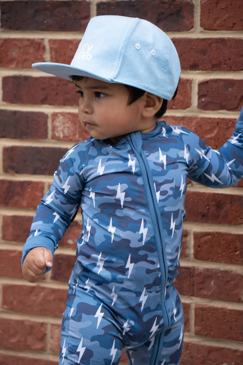 Bamboo Zip Romper | Blue Camo Bolts - LITTLE RAD THINGS