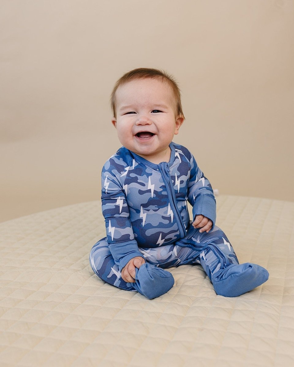 Bamboo Zip Romper | Blue Camo Bolts - LITTLE RAD THINGS