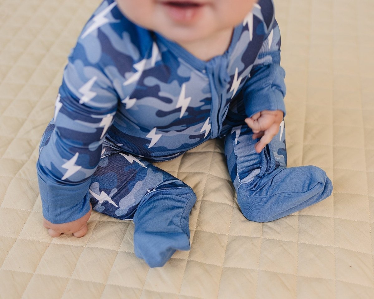 Bamboo Zip Romper | Blue Camo Bolts - LITTLE RAD THINGS