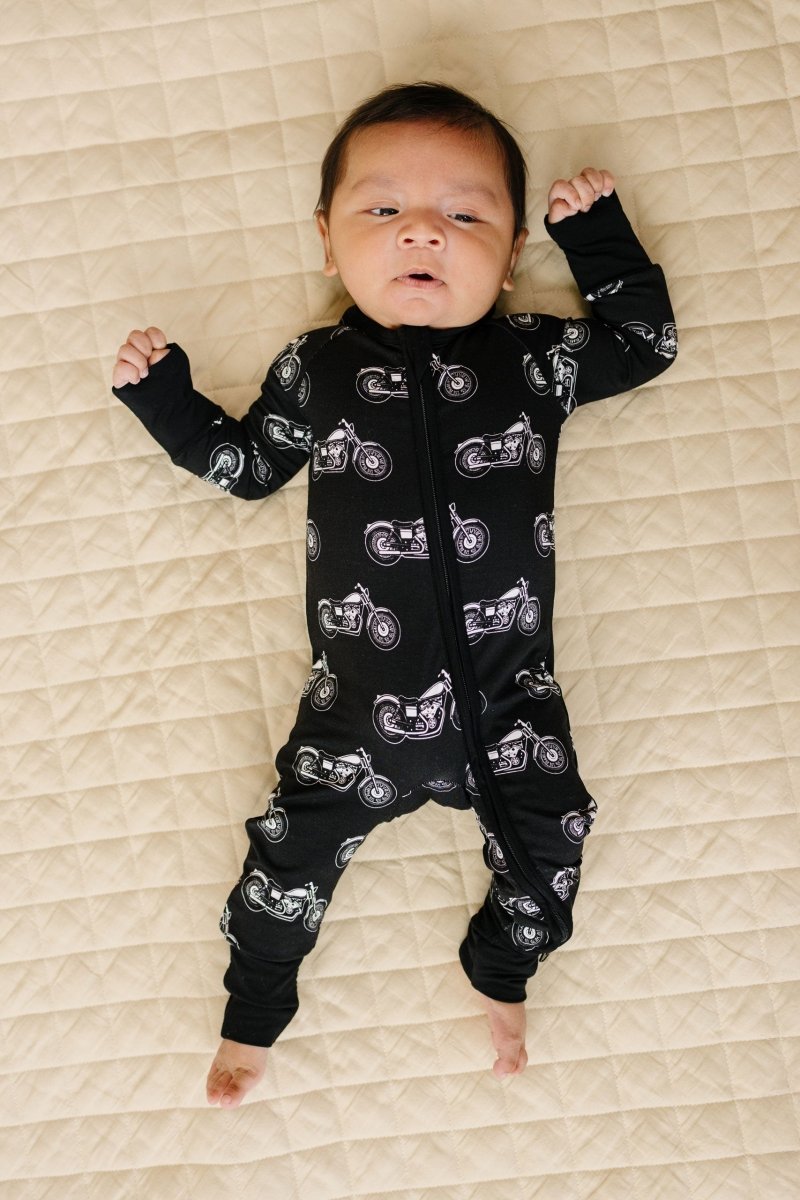 Bamboo Zip Romper | Born to Ride Black - LITTLE RAD THINGS