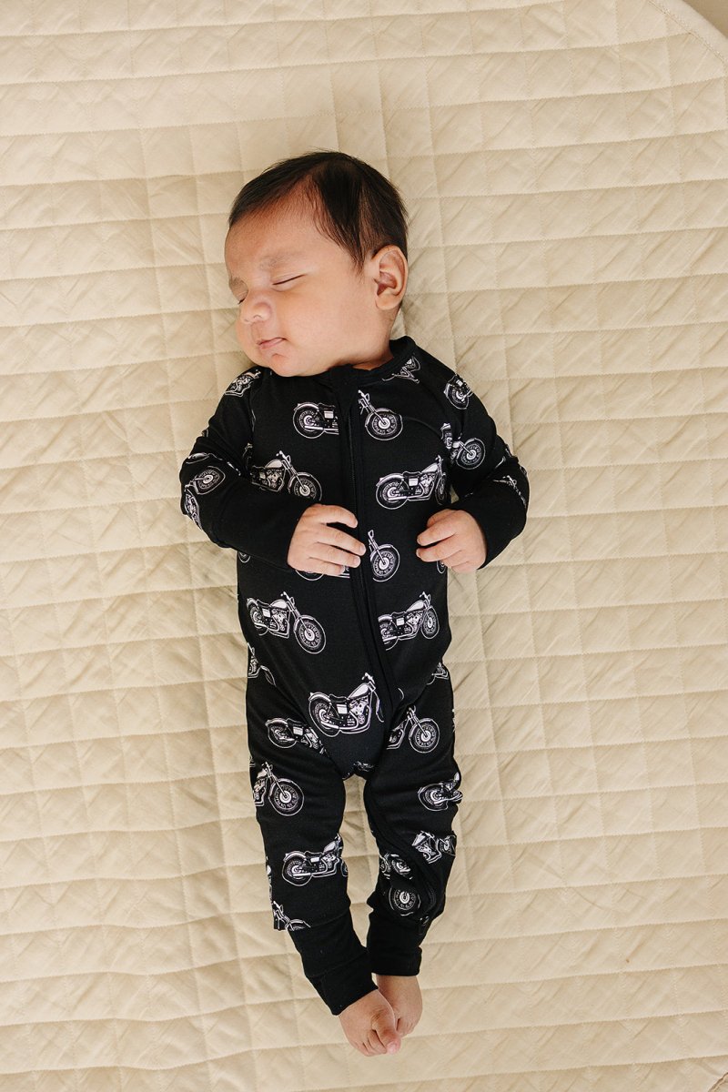 Bamboo Zip Romper | Born to Ride Black - LITTLE RAD THINGS