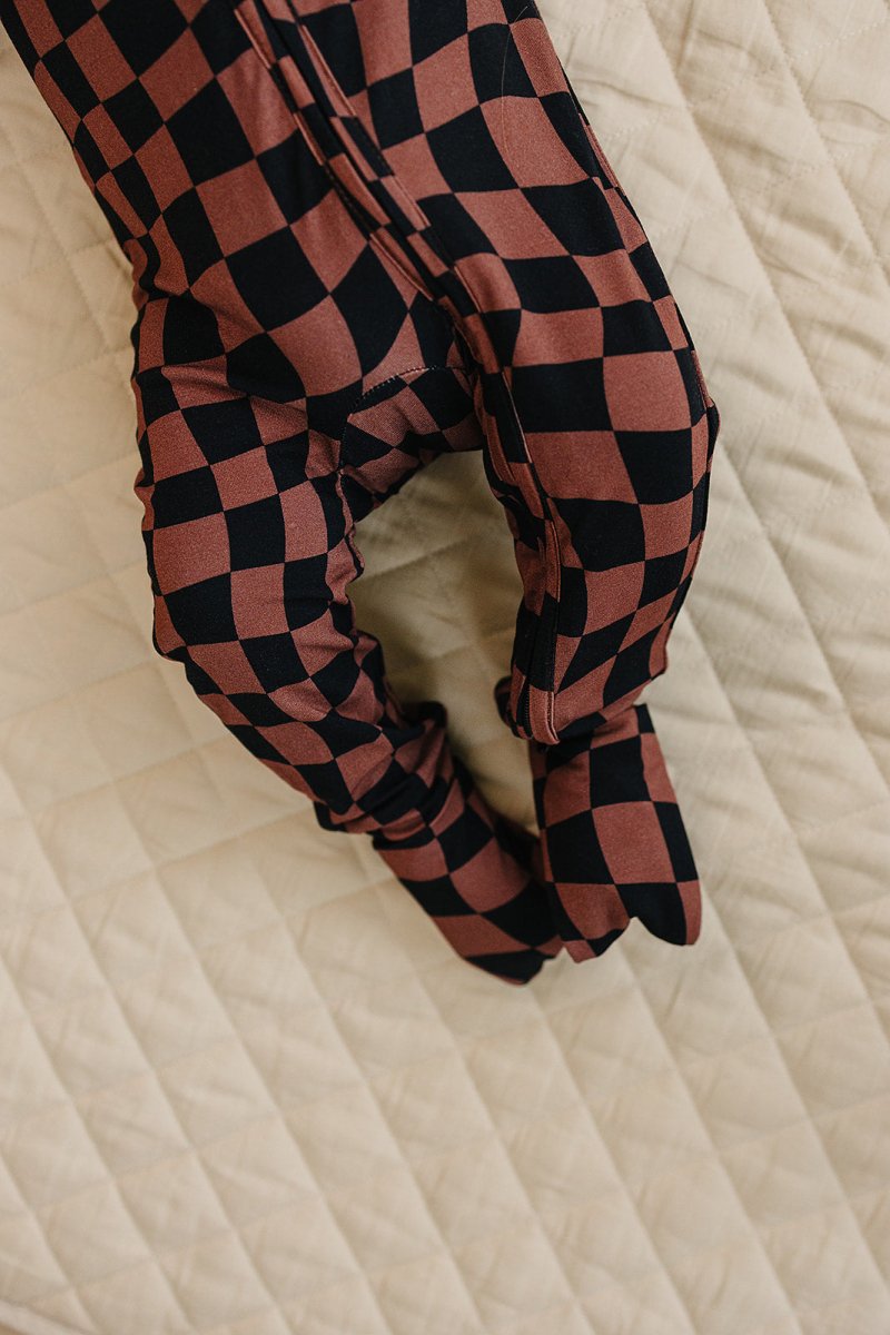 Bamboo Zip Romper | Chocolate Wavy Checkered - LITTLE RAD THINGS