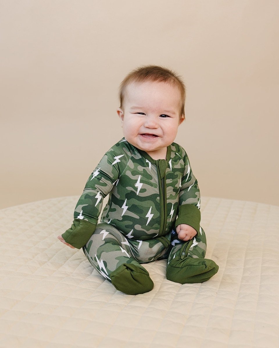 Bamboo Zip Romper | Green Camo Bolts - LITTLE RAD THINGS