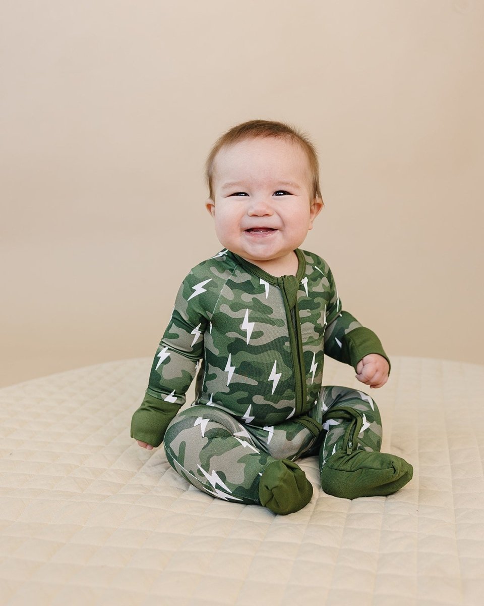Bamboo Zip Romper | Green Camo Bolts - LITTLE RAD THINGS