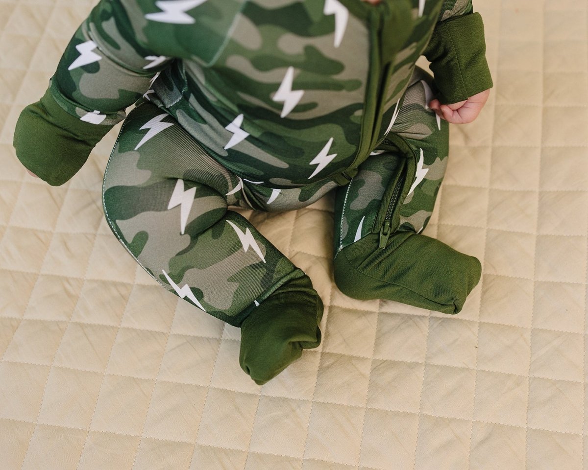 Bamboo Zip Romper | Green Camo Bolts - LITTLE RAD THINGS