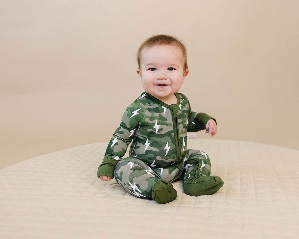 Bamboo Zip Romper | Green Camo Bolts - LITTLE RAD THINGS