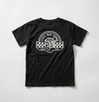 Black t-shirt with white graphic design on a white background