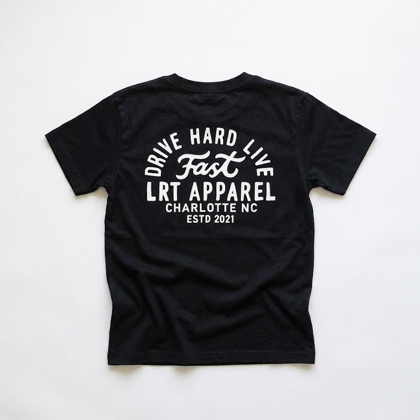 Black t-shirt with white text on a white background