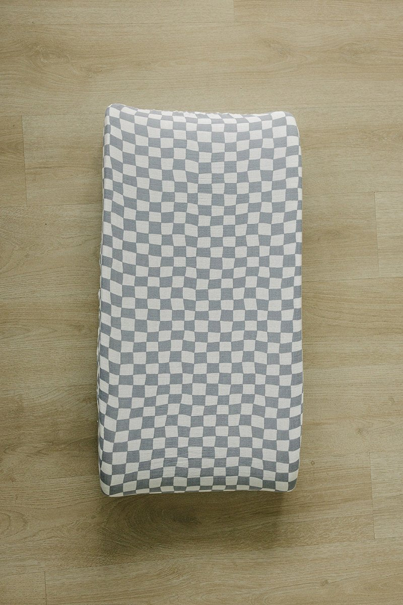Dusty Blue Wavy Checkered Muslin Changing Pad Cover - LITTLE RAD THINGS