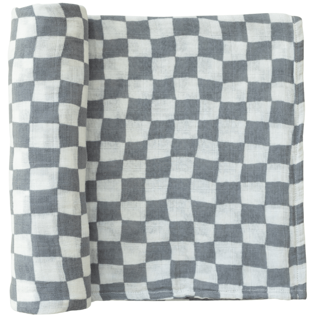 Dusty Blue Wavy Checkered Muslin Swaddle Blanket - LITTLE RAD THINGS
