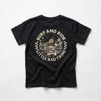Black t-shirt with graphic design and text on a white background