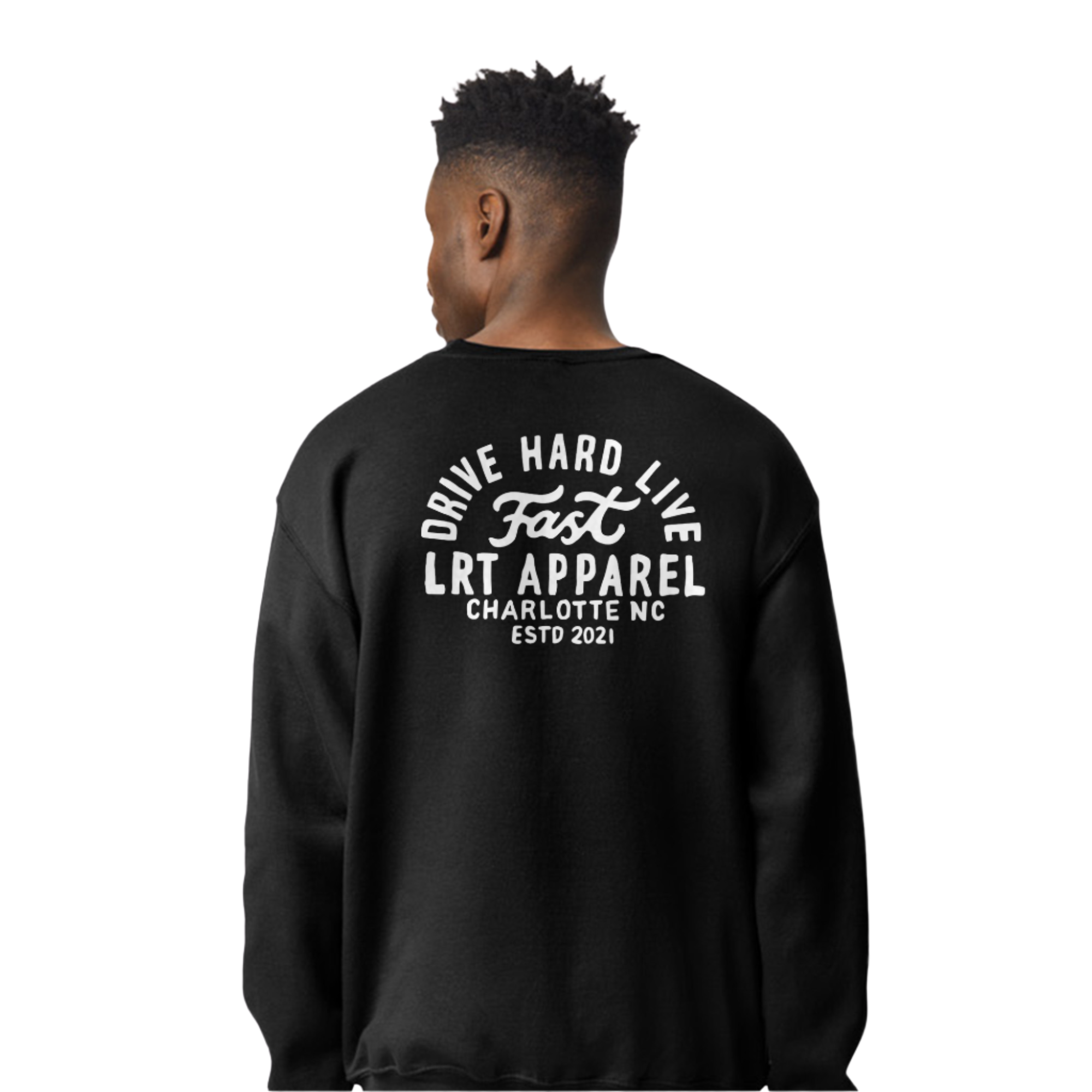 Vintage motorsport-inspired black cotton-polyester crewneck with white bold racing slogan, displayed to highlight graphic and fabric details