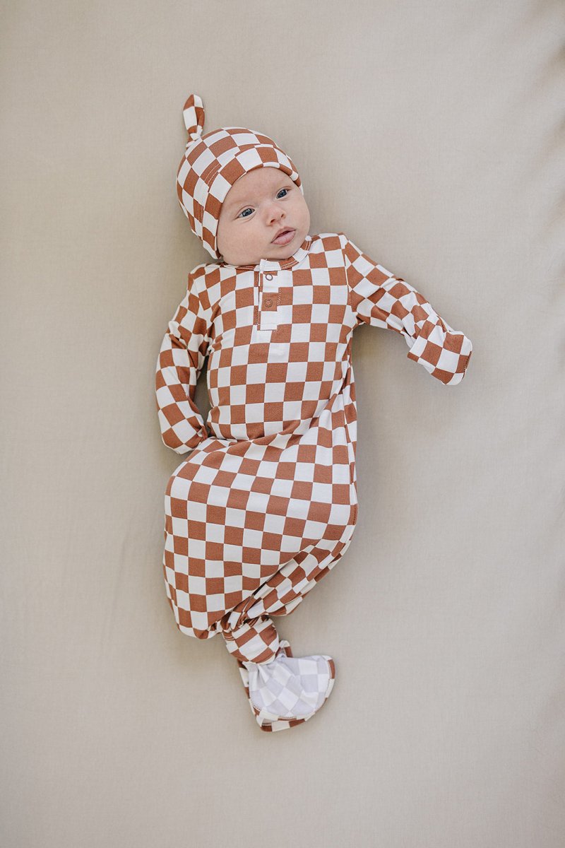 Rust Checkered Bamboo Newborn Knot Hat - LITTLE RAD THINGS
