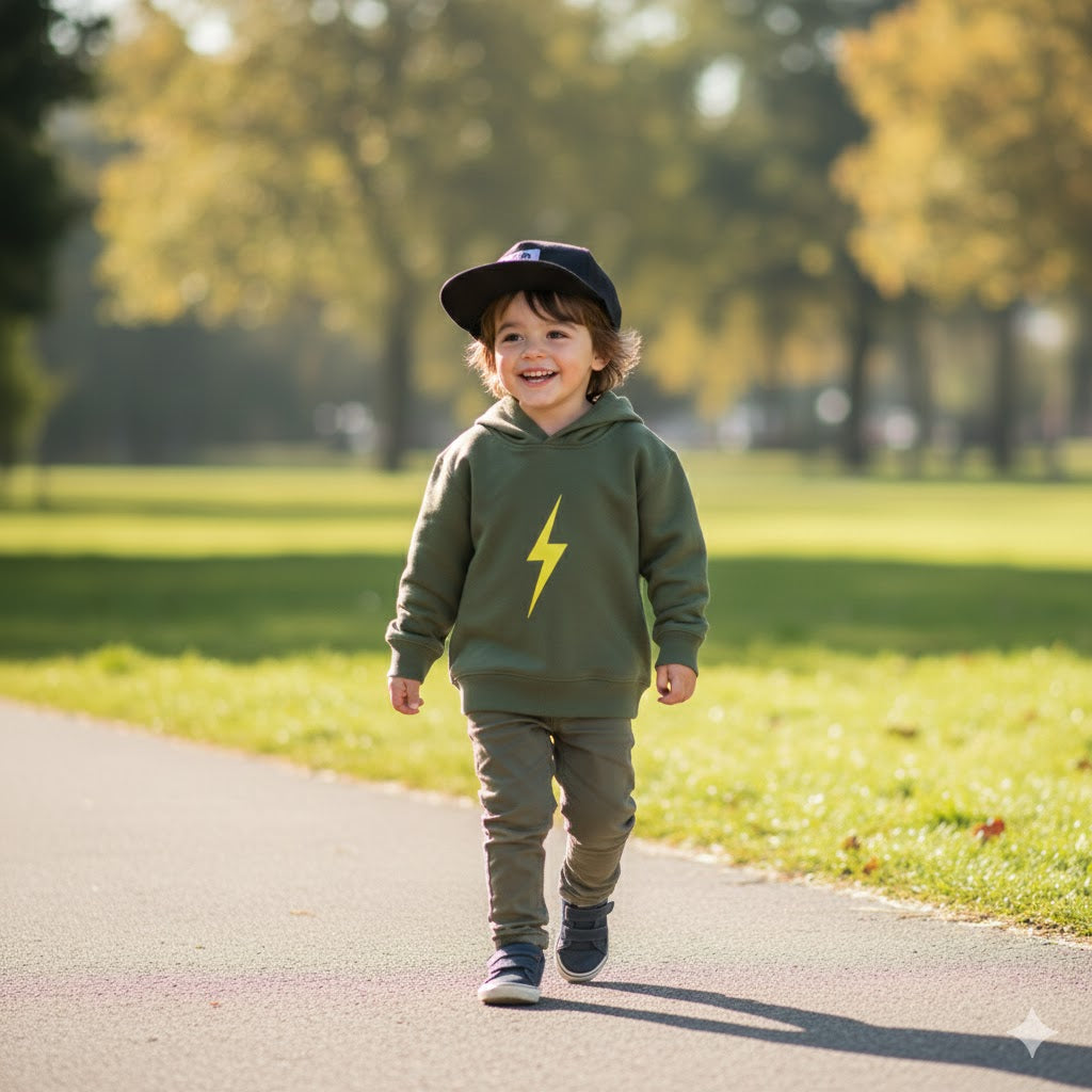 Child walking on a path in a park wearing a green hoodie with a yellow lightning bolt design.