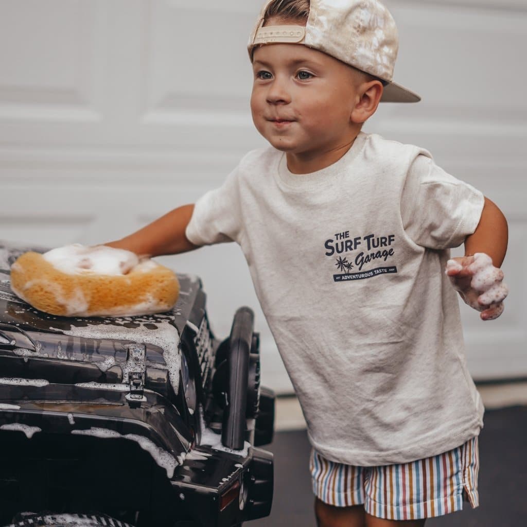Vintage-inspired surf turf tee for boys, eco-friendly and durable